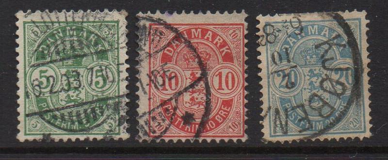 Denmark Sc 38-40 1884 large corner numerals stamp set used