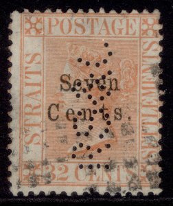 MALAYSIA - Straits Settlements QV SG21, 7c on 32c WMK CC PERFIN, USED. Cat £275.