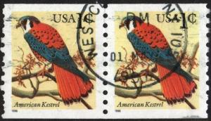 SC#3044 1¢ American Kestrel Coil Pair (1996) Used