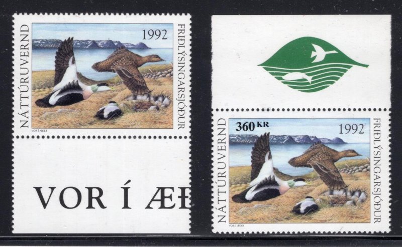 Iceland 1992 360 Kr Duck Stamps Regular & ERROR w/o Denomination (ref# 239219)