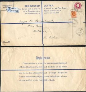 RP42 KGV 4  1/2d Puce Registered Envelope Size K Uprated