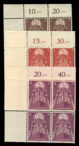 Luxembourg #329-331 Cat$198, 1957 Europa, set of three in blocks of four, nev...