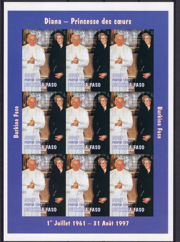 Burkina Faso 1997 Sc#1127 POPE JOHN PAUL II and DIANA Sheetlet IMPERFORATED MNH