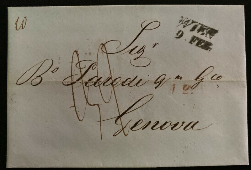 1847 Vienna Austria Stampless Letter Vintage Cover To Genova Italy 