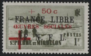 St Pierre et Miquelon 1942 MNH Sc B9 50c surcharge on 1fr Dog sled team F.N.F.L.