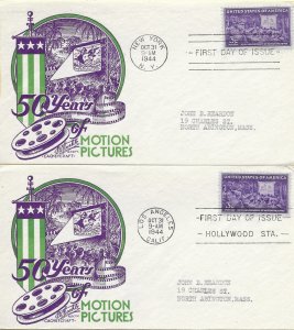 1944 FDC, #926, 3c Motion Pictures, CC/Staehle - 2 cities