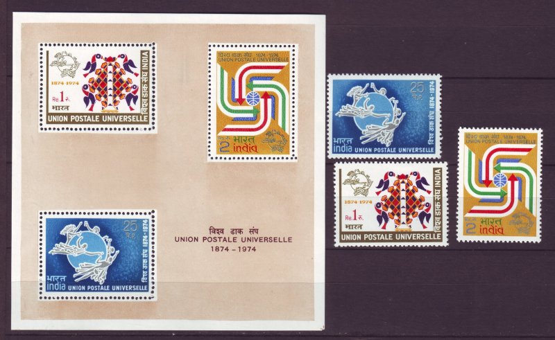 Z711 JLstamps 1974 india set  + s/s mnh #634-6a upu