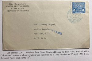 1925 Colombia SS Santa Maria United Fruit Company  Cover To New York Usa