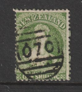 New Zealand a used 1/- green full face queen perf 12.5 star wmk.