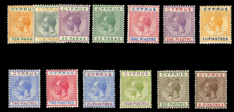 Cyprus #72-84 Cat$253, 1921-23 George V, 10pi-9pi, 13 values, lightly hinged