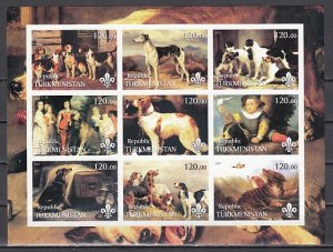 Turkmenistan, 2001 Russian Local. Dog Paintings, IMPERF sheet of 9. ^