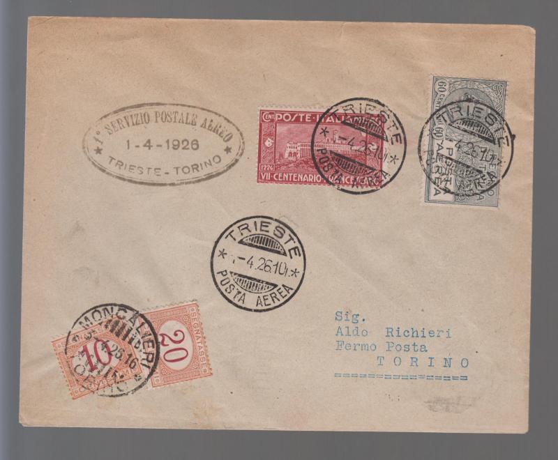 1926 Italy First FLight Cover FFC Trieste to Turin Postage Due # C 4 Sassone 55