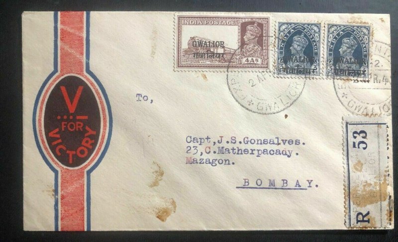 1942 Gwalior India Victory Cachet Patriotic Cover To Bombay