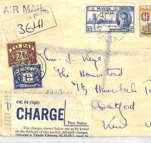 BH182 1951 MALTA Valetta Registered Air Cover GB POSTAGE DUES Customs Charge 