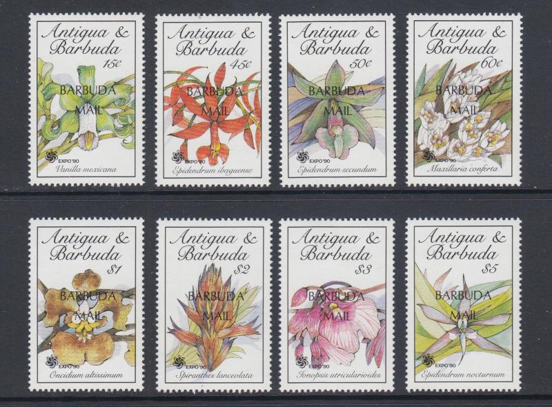 Barbuda Sc 1113-1120 MNH. 1990 Orchids w/ Barbuda Mail ovpts complete, VF