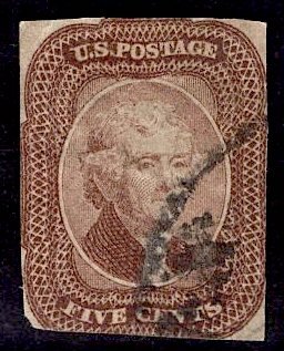 US Stamp #29 5c Brown Jefferson USED SCV $350. Perfs Trimmed.