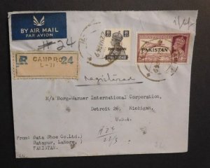 1949 India Pakistan Airmail Registered Cover Camp PO to Detroit MI USA