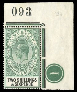 Gibraltar #87 Cat$11+ (for hinged), 1921 2sh6p green and black, corner margin...