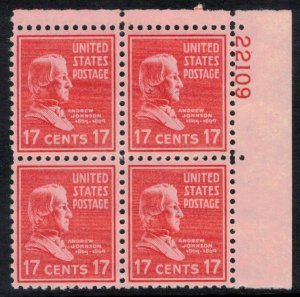 US 1938 17c Johnson Plate Block; Scott 822; MNH