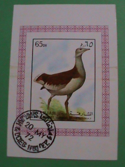 SHARJAH STAMPS: 1972 BEAUTIFUL COLORFUL BIRD CTO STAMP S/S WITH FIRST DAY CANCEL