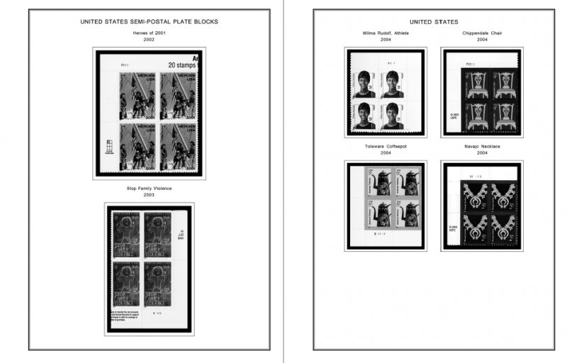 US 2000-2005 PLATE BLOCKS STAMP ALBUM PAGES (68 PDF b&w illustrated pages)
