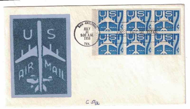 1958 Air Mail FDC, #C51a, 7c Blue Jet, Velvatone, booklet pane