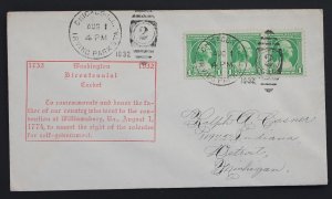 US #705 Washington Bicentennial Cachet  Aug 1, 1932 Convention Aug 1, 1774