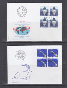 Switzerland Mi 1680/1708, 1999 issues, 6 complete sets in blocks of 4 on 14 FDCs