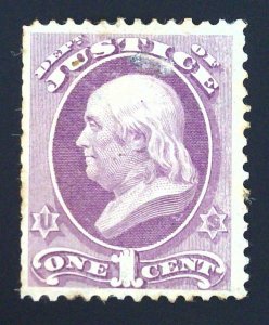 Scott #O25 - F/VF - 1c Purple - Franklin - Official - Justice - DG HR - 1873