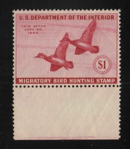 1943 Federal Duck Stamp Sc RW10 $1 MNH CV $120 Wood Ducks