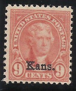 667  9c Kans Overprint MH F/VF Centering Very disturbed partial gum