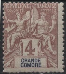 Grand Comoro 3 (mlh, toning) 4c navigation & commerce, claret on lav (1897)
