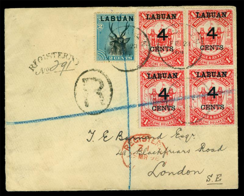 LABUAN 1896 Pictorials 2c blue Sc#50 + 4c/$1 red Sc#58 (4) used on REG cvr to UK