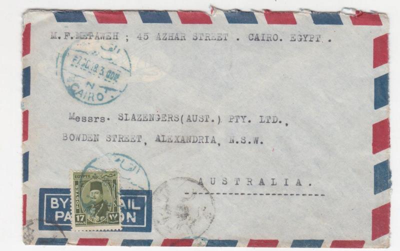 EGYPT, 1948 Airmail Censored cover, Cairo to Australia, 17m.