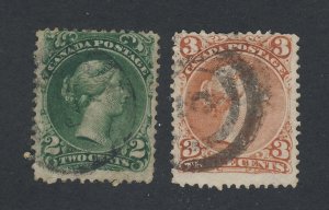 2x Canada  Large Queen Used Stamps #24-2c F/VF #25 F #3 Cancel Guide = $110.00+