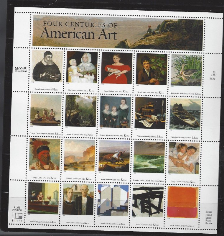 Scott 3236 American Art Mint Nit Hinged Pane of 20 .32 Cent Stamps