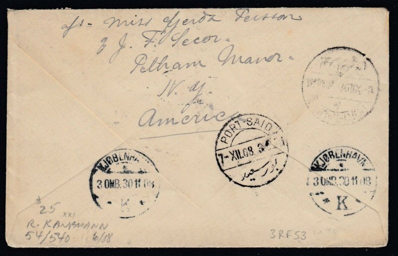 US 1908 Sc 304 to DENMARK then forwarded to EGYPT