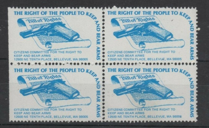 USA Gun Ownership Promotion Stamp Keep & Bear Arms Bellevue WA Block of 4 MNH