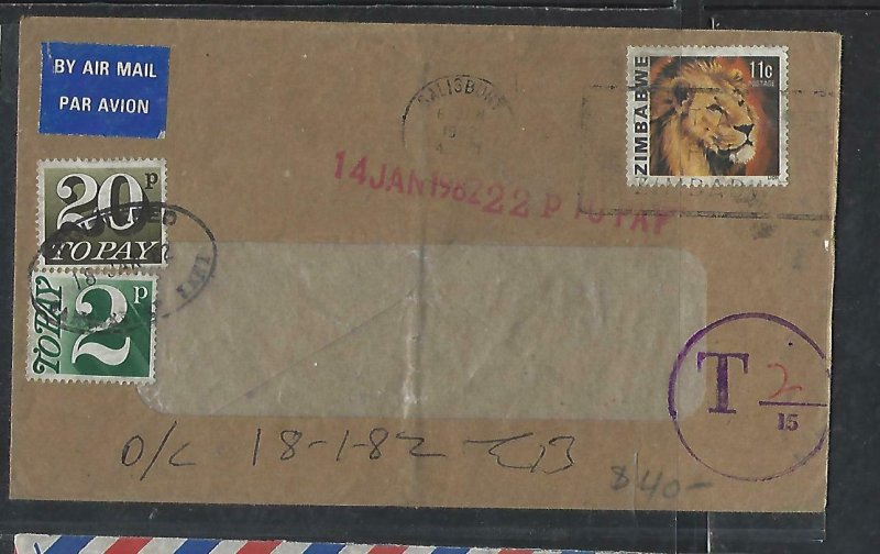 ZIMBABWE COVER (P0611B) 1972 LION 11C COVER TO ENGLAND POSTAGE DUE 2P+20P 