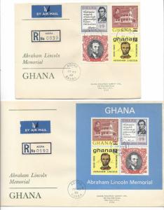 GHANA 1965 ABRAHAM LINCOLN Set & SS on Cachet FDCs Sc 208-211, 211a