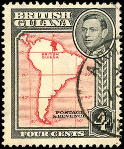 BRITISH GUIANA Sc 232 F-VF/USED - 1938 4¢ Map of South America - KGVI Pictorials