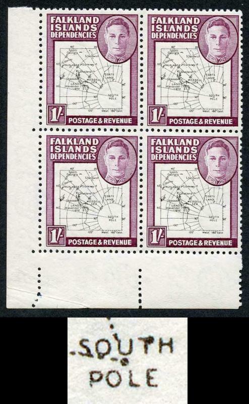 Falkland Deps SGG16a 1/- Thin Map Variety Dot on T of South in U/M Block