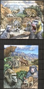 Togo 2011 Endangered Animals Boars Monkeys Hyenas Goats Sheet + S/S MNH