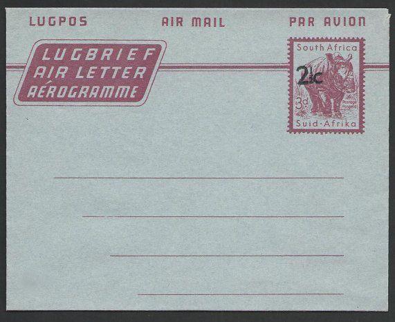 SOUTH AFRICA 2½c on 3d Rhinocerous airletter fine unused...................49741