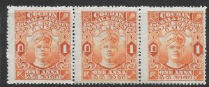 INDIA-COCHIN SG41 1916 1a ORANGE DIEI STRIP OF 3 MTD MINT