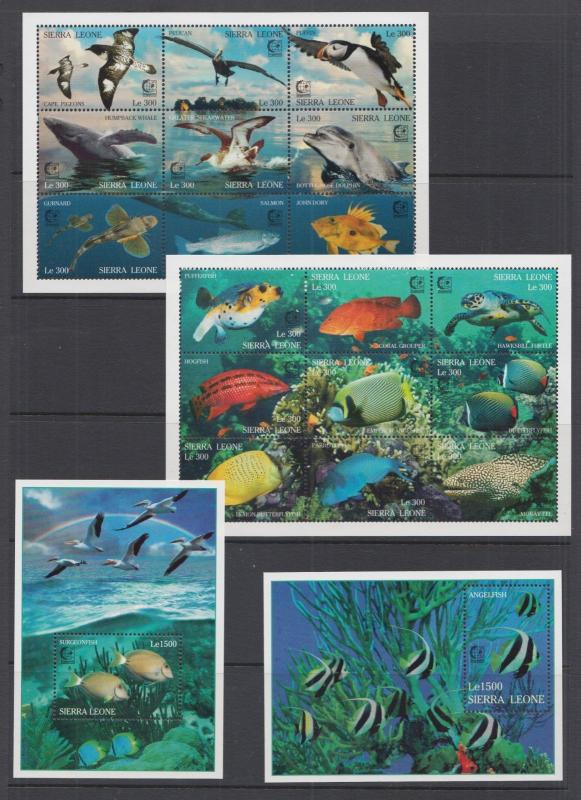 Sierra Leone Sc 1799-1802 MNH. 1995 Tropical Fish & Birds cplt incl Souv Sheets