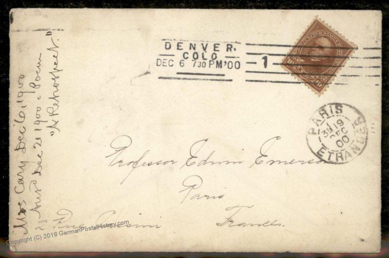 USA 1900  Colorado DENVER COLO to Paris France 10c Triangles Sc283 Cover 88136