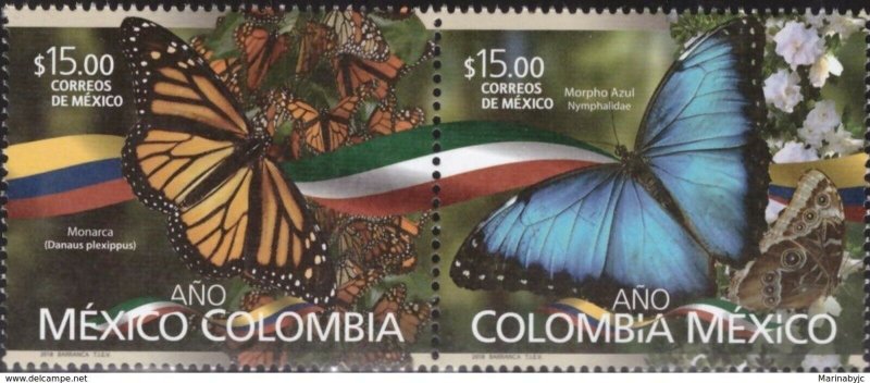 O) 2018 MEXICO, JOINT ISSUE, DIPLOMATIC RELATIONS WITH COLOMBIA, BUTTERFLIES DAN