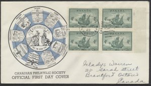 1949 #282 Newfoundland FDC Block Canadian Philatelic Society St John's Duplex