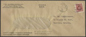 1949 OHMS UIC Cover, Streetsville ONT, #O4 4c OHMS Stamp